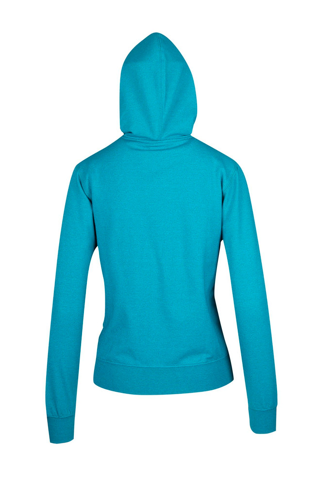 A turquoise hoodie with a hood and long sleeves, featuring a fitted design and a logo.
