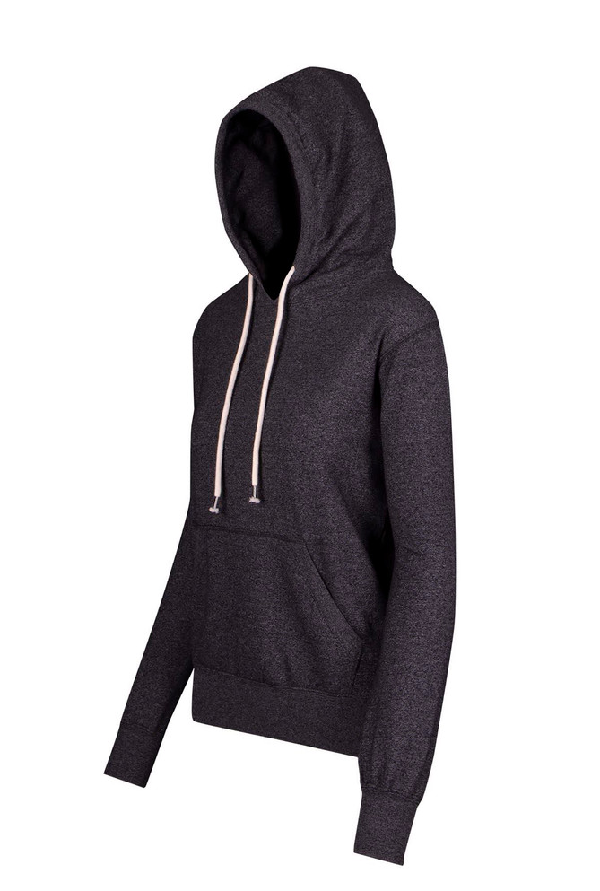 A charcoal grey hoodie with a front pocket and drawstring hood. It features long sleeves and has a logo.