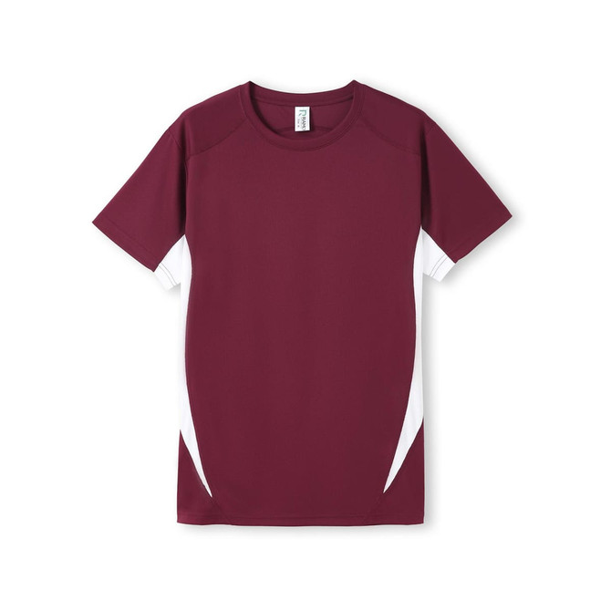 A maroon men's T-shirt with white side panels and a logo on the front. It's made from cool dry material.