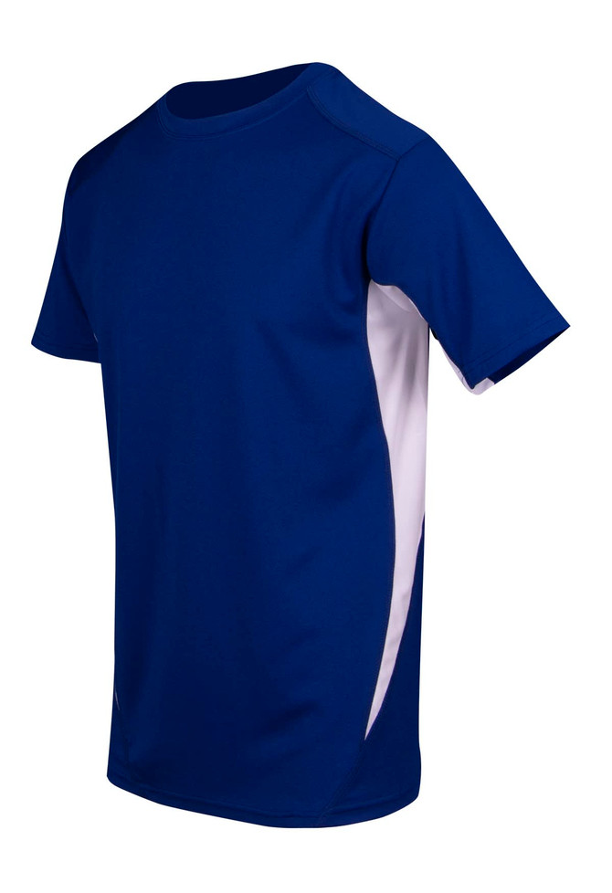 Navy blue t-shirt with white side panels, featuring a logo on the chest. Breathable and moisture-wicking fabric. Navy blue t-shirt with white side panels, featuring a logo on the chest. Breathable and moisture-wicking fabric.