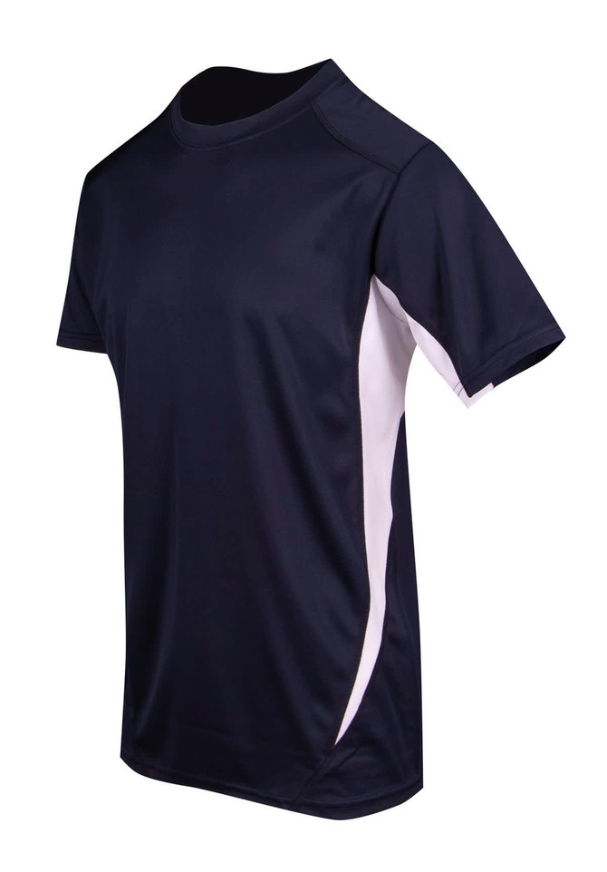 A navy blue and white men's T-shirt with a sporty design and a logo on it.