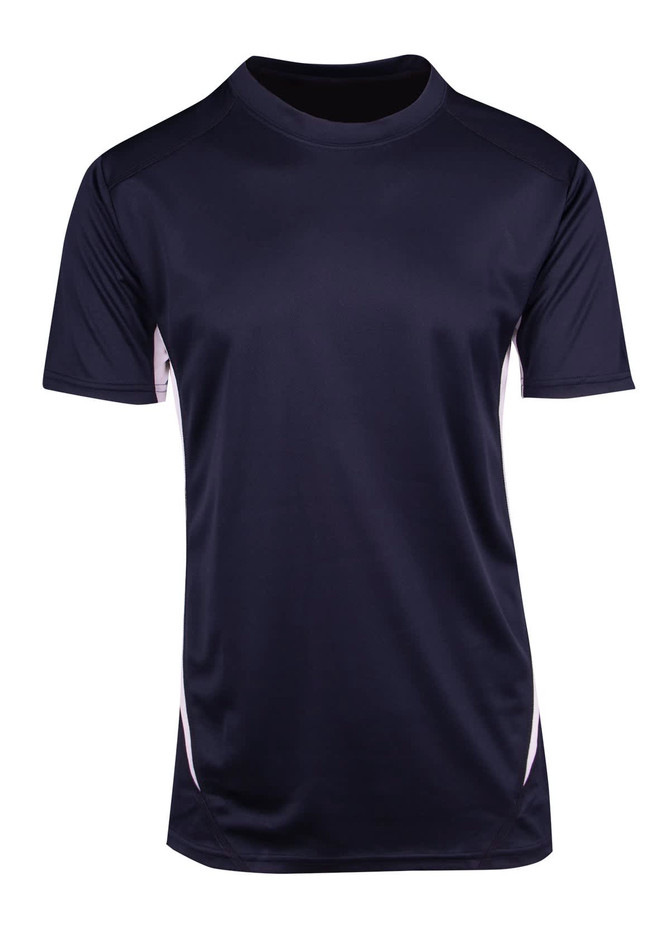 A navy blue men's t-shirt with short sleeves and contrasting white side panels, featuring a logo. A navy blue men's t-shirt with short sleeves and contrasting white side panels, featuring a logo.