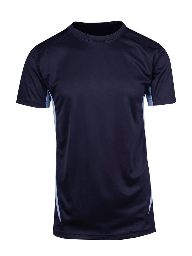 A navy blue men's T-shirt featuring short sleeves and a fitted design, with light blue side accents. A navy blue men's T-shirt featuring short sleeves and a fitted design, with light blue side accents.
