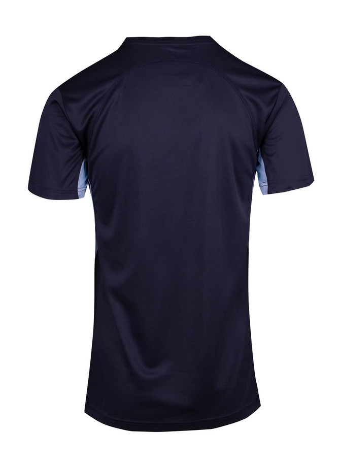 A dark navy blue men's T-shirt featuring a sleek design and a logo on the front.