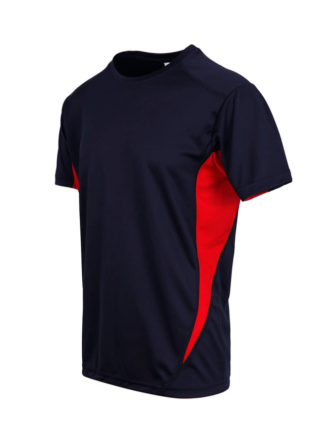 A navy blue T-shirt with red accents, featuring a logo on the front. Ideal for athletic wear.