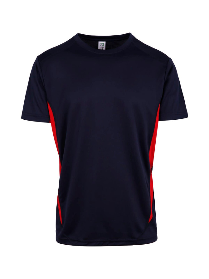 A navy blue T-shirt with red side accents and a logo, designed for men. A navy blue T-shirt with red side accents and a logo, designed for men.