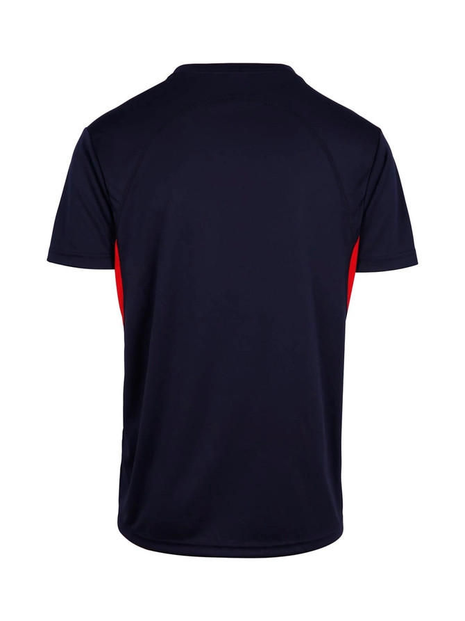 A navy and red men's t-shirt with a back design and a logo. Features short sleeves and a sporty look.