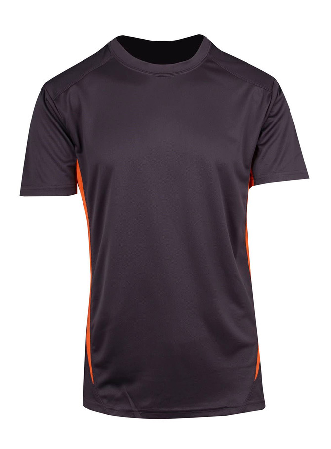 A men's short-sleeve T-shirt in black with orange accents, featuring a logo on the front.