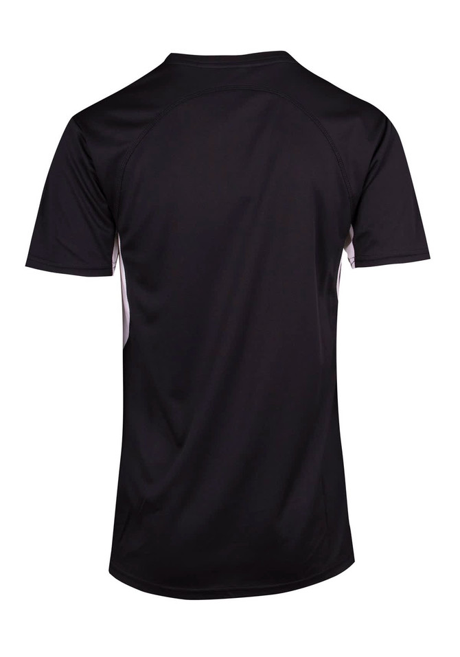 A black men's t-shirt with short sleeves and side accents, featuring a logo. A black men's t-shirt with short sleeves and side accents, featuring a logo.