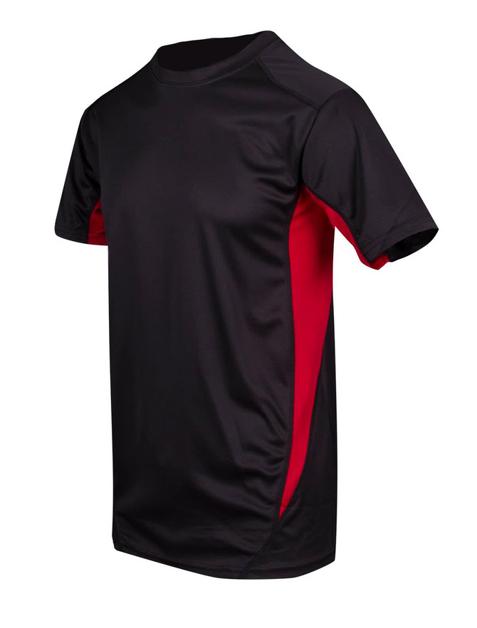 A black and red men's t-shirt with short sleeves and a fitted design. It features a logo on the chest area.