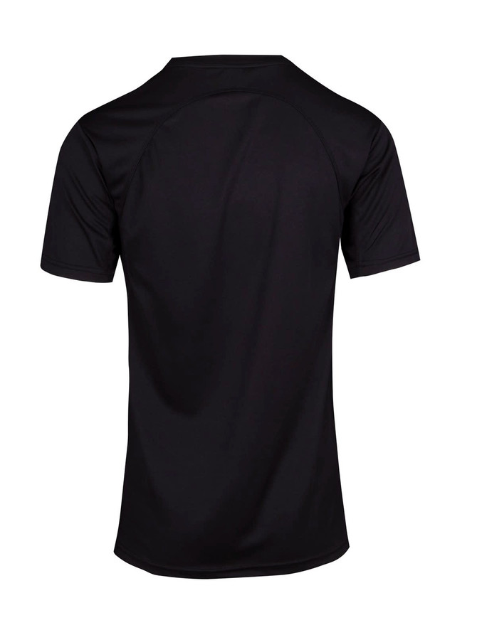A black men's cool dry T-shirt featuring short sleeves and a back view. Includes a logo. A black men's cool dry T-shirt featuring short sleeves and a back view. Includes a logo.