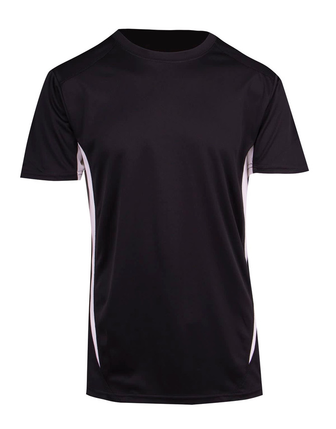 A black men's T-shirt featuring white side accents and a logo on the chest. A black men's T-shirt featuring white side accents and a logo on the chest.