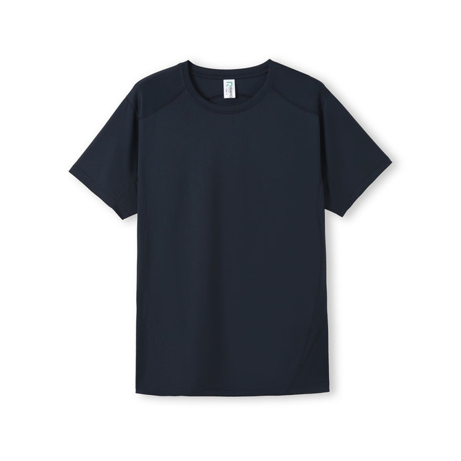 A navy blue men's accelerator cool dry t-shirt with a rounded neckline and short sleeves, featuring a logo.