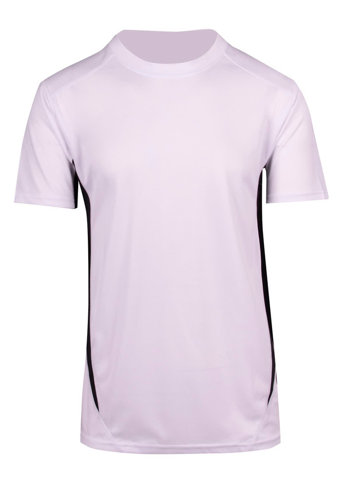A white men's T-shirt featuring black side accents and a logo, made from cool dry fabric. A white men's T-shirt featuring black side accents and a logo, made from cool dry fabric.