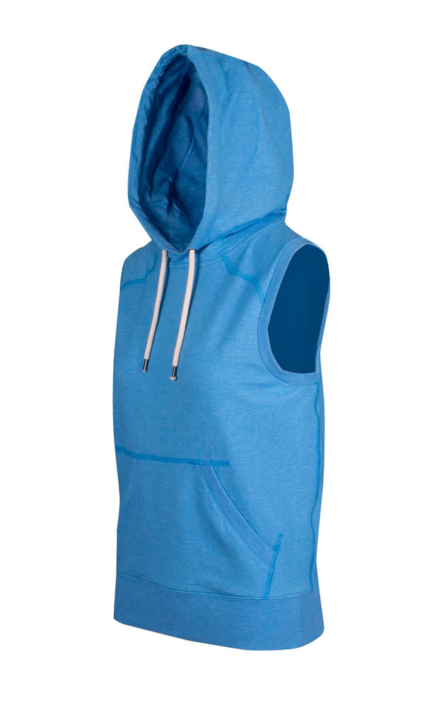 A sleeveless blue hoodie featuring a front pocket and an attached hood, with a logo on the front.