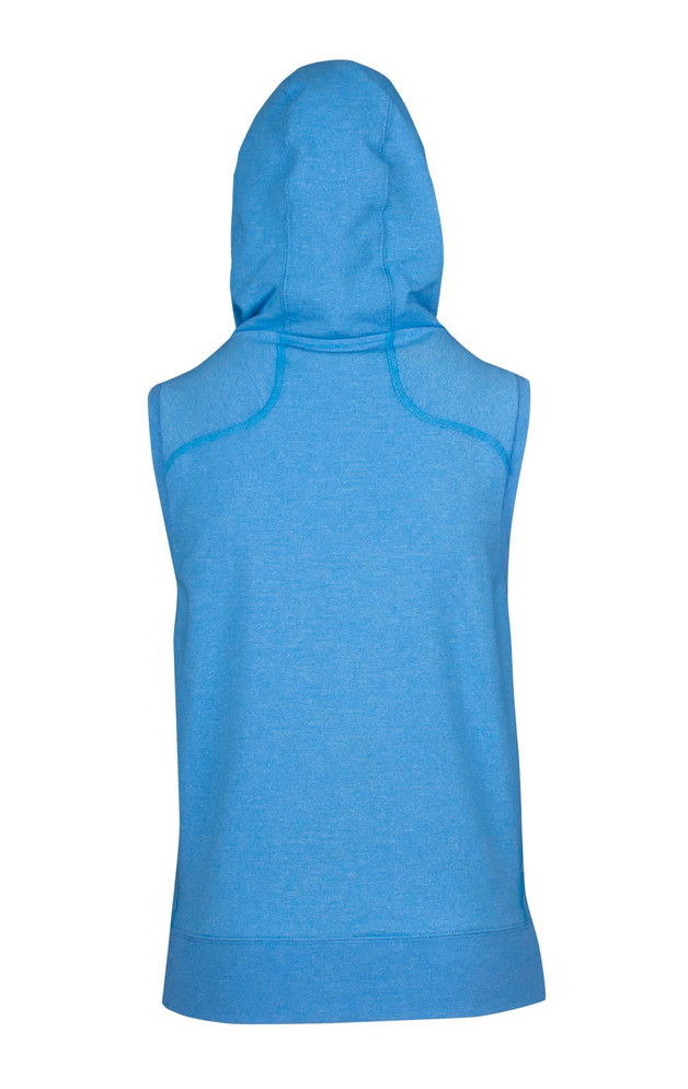A blue sleeveless hoodie with a hood, featuring a seamless back design and a logo.