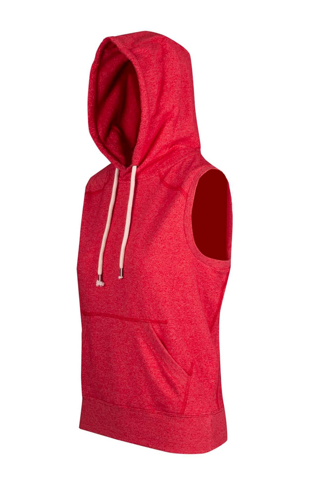 A red sleeveless hoodie with a hood and front pocket, part of the Greatness Range. Features branding. A red sleeveless hoodie with a hood and front pocket, part of the Greatness Range. Features branding.