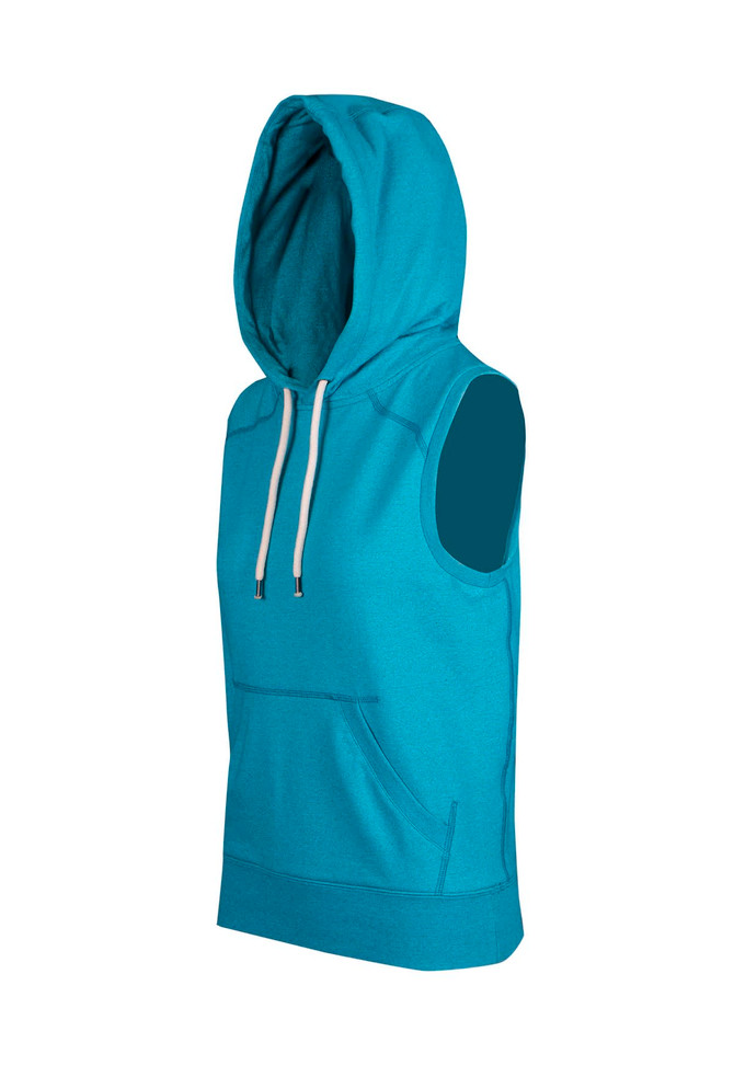 A sleeveless hoodie in a vibrant teal colour, featuring a front pocket and a hood, with a logo on it.