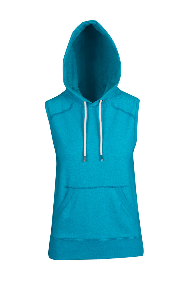 A sleeveless hoodie in a vibrant teal colour with a hood and front pocket. Includes a logo on the front.