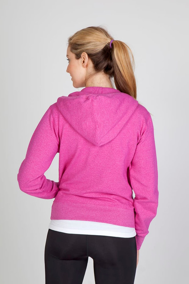 A pink heather zip hoodie with a relaxed fit, featuring a hood and a branding logo on the back.