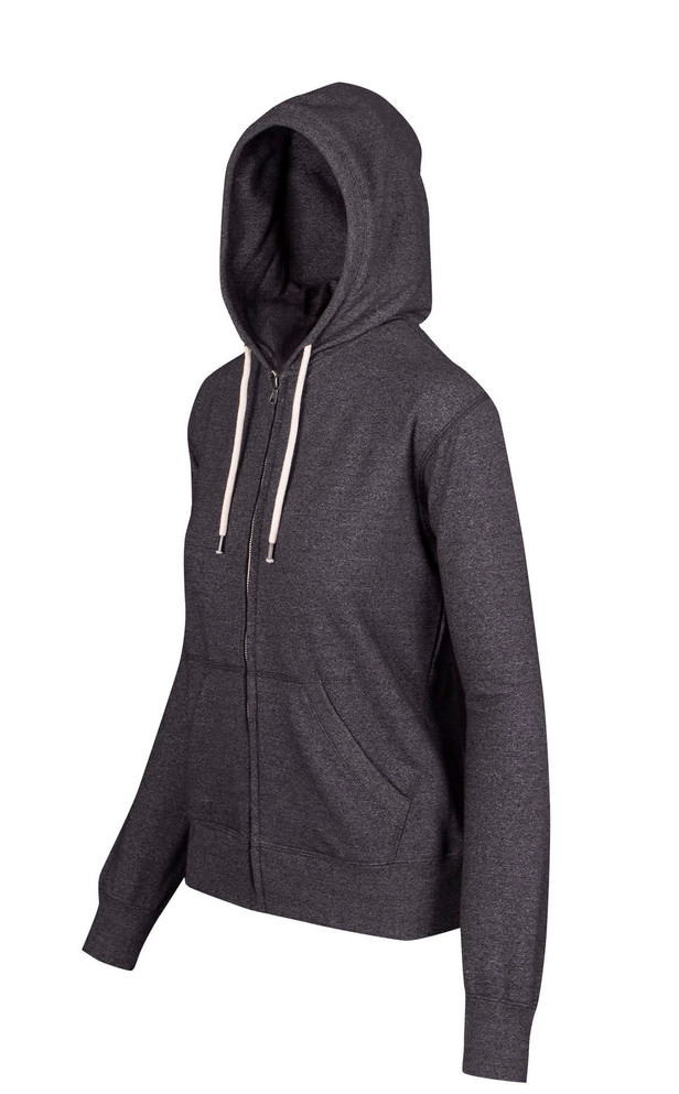 A grey zip-up hoodie with a hood, featuring a front pocket and a drawstring. It has a brand logo.