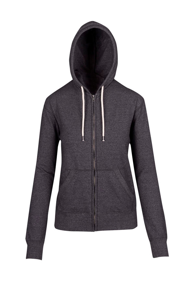 A grey zip-up hoodie with a hood and drawstring, featuring long sleeves and a casual style.