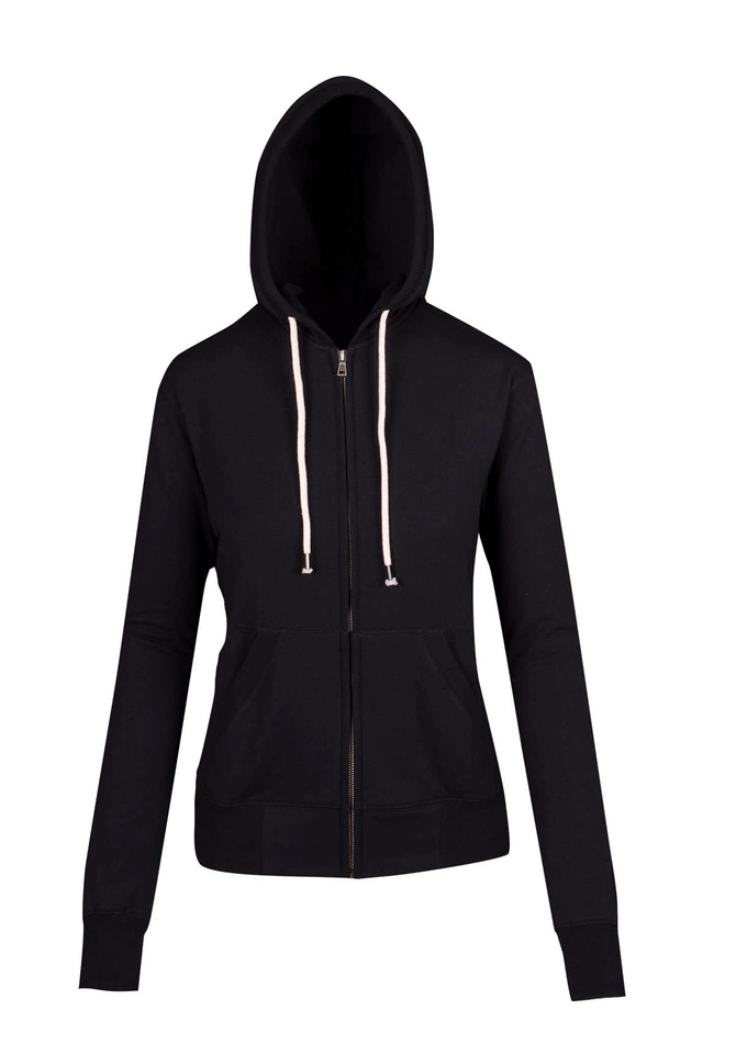 A black zip hoodie featuring a hood and front pockets, with a logo on the garment.