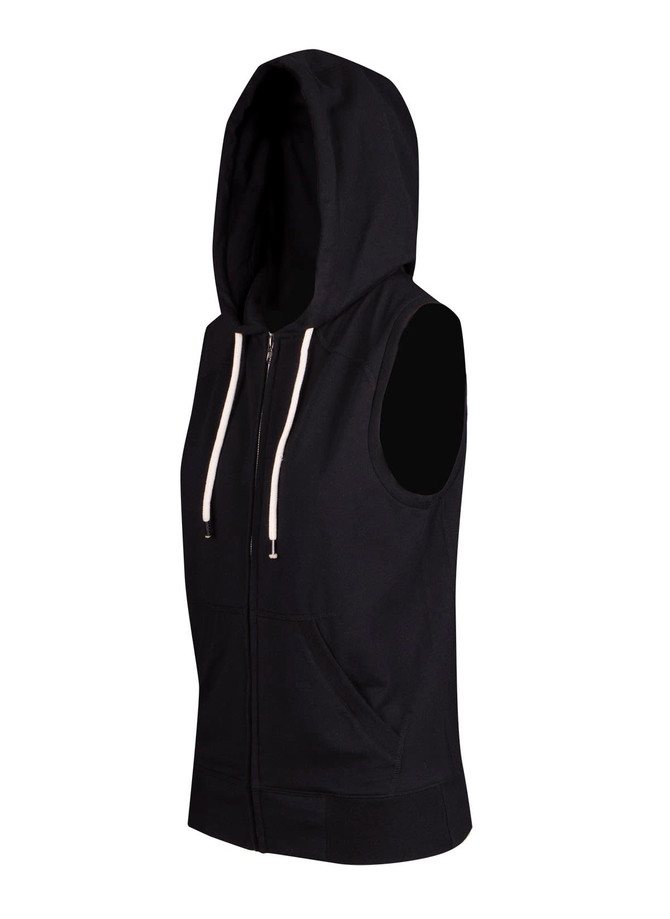A sleeveless black zip hoodie featuring a hood and front pockets, part of the Greatness Range.