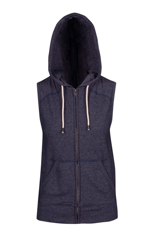 A dark heather sleeveless zip hoodie with a hood and front pockets, featuring a branding logo. A dark heather sleeveless zip hoodie with a hood and front pockets, featuring a branding logo.