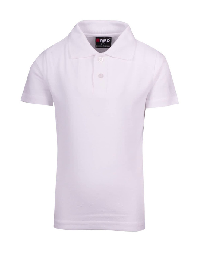 A white kids' pique polo shirt featuring a three-button placket and a branding label.