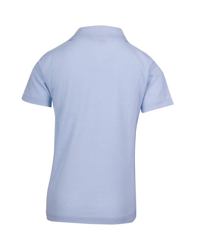 A light blue kid's pique polo shirt featuring a collared design. Includes a brand logo on the back. A light blue kid's pique polo shirt featuring a collared design. Includes a brand logo on the back.
