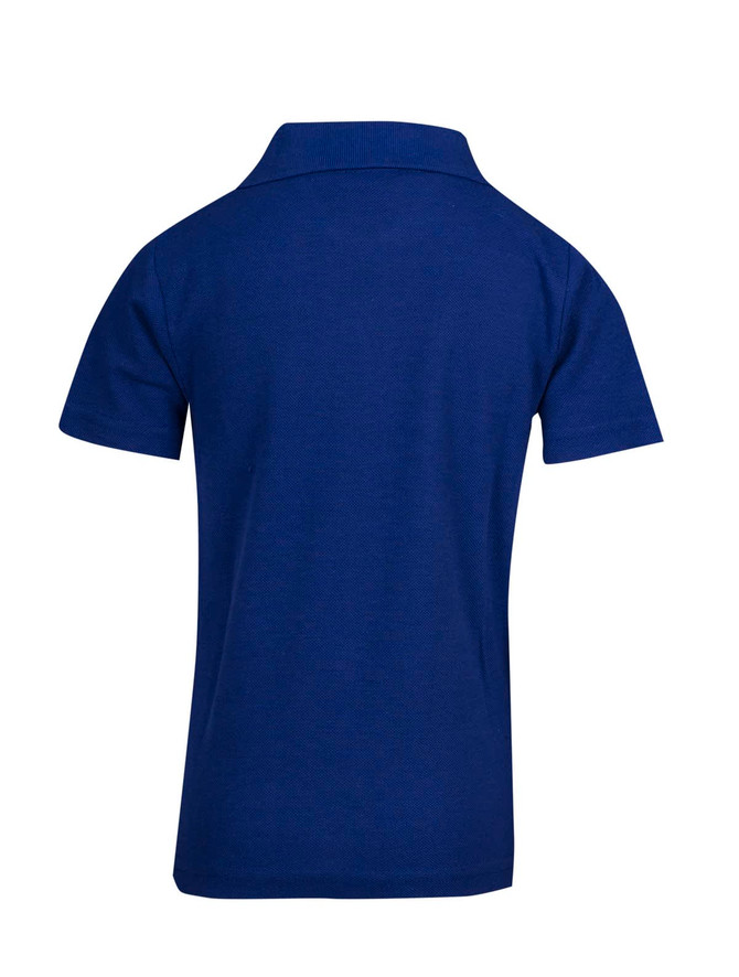 A navy blue kid's pique polo shirt with a classic collar and short sleeves. Features a logo on the back. A navy blue kid's pique polo shirt with a classic collar and short sleeves. Features a logo on the back.