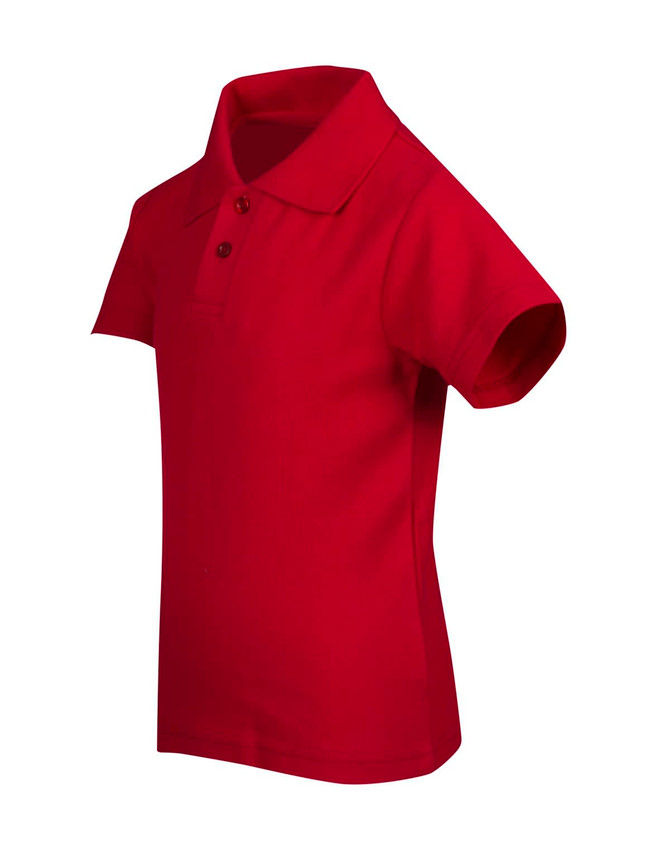 A red kid's pique polo shirt featuring a collar and three-button placket, with a branding logo on the chest.
