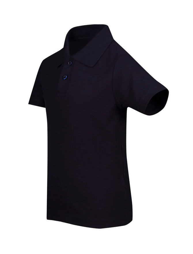A black kid's pique polo shirt featuring a classic collar and short sleeves, with a logo on the chest.