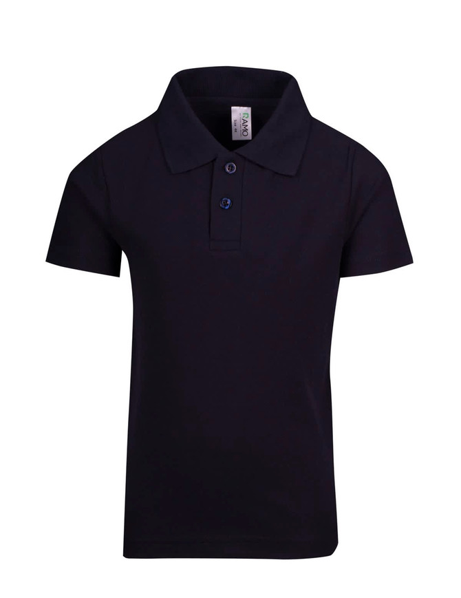A navy blue kid's pique polo shirt featuring a collared neckline and three-button placket. It includes a logo. A navy blue kid's pique polo shirt featuring a collared neckline and three-button placket. It includes a logo.