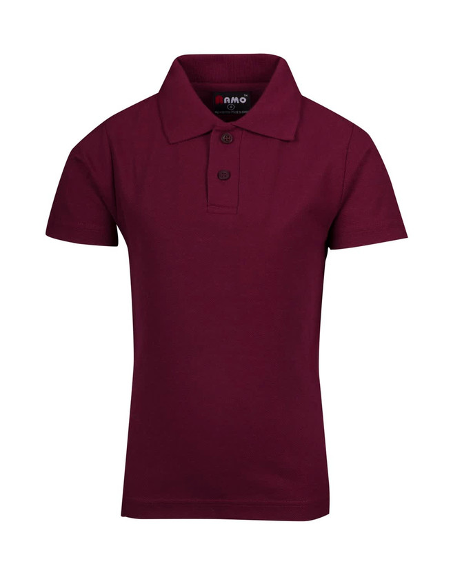 A maroon kid's pique polo shirt with a collar and three buttons, featuring a logo on the label. A maroon kid's pique polo shirt with a collar and three buttons, featuring a logo on the label.