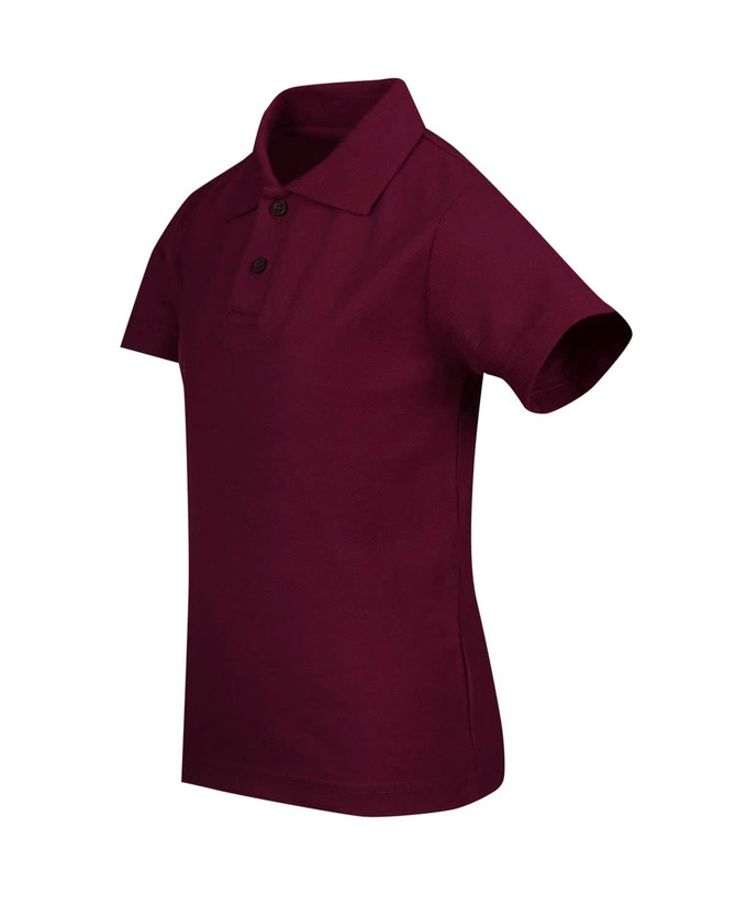 A burgundy kid's pique polo shirt featuring a classic collar and short sleeves, with three buttons and a logo.