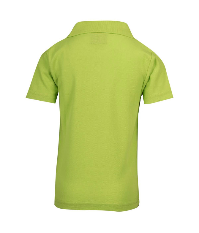 A green kid's pique polo shirt with a collar, featuring a logo on the back. A green kid's pique polo shirt with a collar, featuring a logo on the back.