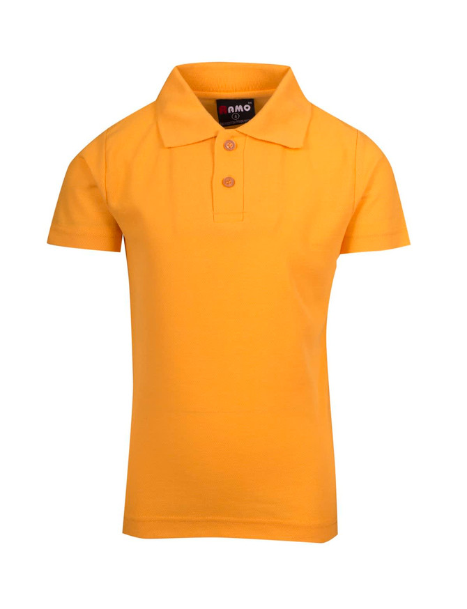 A yellow kid's pique polo shirt with a collar and three buttons, featuring a logo on the tag. A yellow kid's pique polo shirt with a collar and three buttons, featuring a logo on the tag.