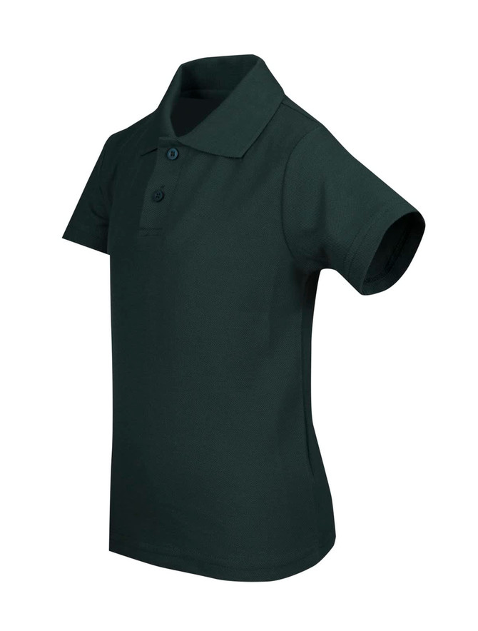 A dark green kids' pique polo shirt with a collar and short sleeves, featuring buttons and a logo. A dark green kids' pique polo shirt with a collar and short sleeves, featuring buttons and a logo.