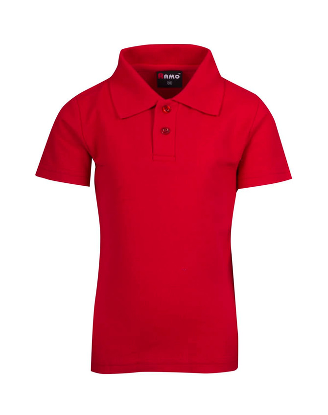 A bright red kid's pique polo shirt with a collar and three buttons, featuring a logo on the inside neckline.