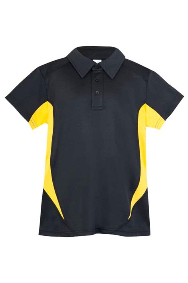 A black and yellow polyester polo shirt featuring a collar and a logo.