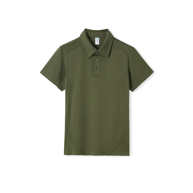 A green polyester polo shirt with a collar and button placket, featuring a logo on one side.