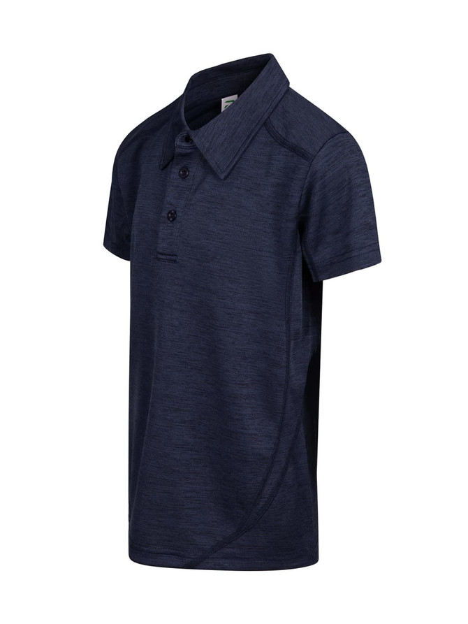 A navy blue kid's polo shirt made from 100% polyester, featuring a collar and buttons, with a logo present.
