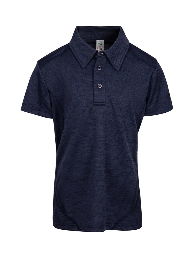 A navy blue kid's polo shirt made of 100% polyester, featuring a collar and three buttons, with a logo.