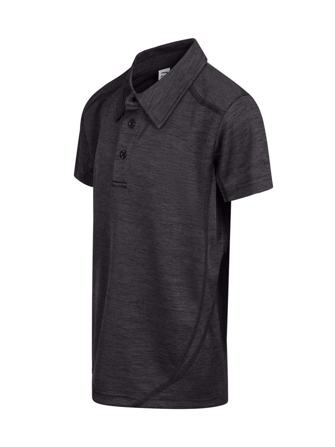 A black Kid's Challenger polo shirt made of 100% polyester, featuring a collar and buttons, with a logo. A black Kid's Challenger polo shirt made of 100% polyester, featuring a collar and buttons, with a logo.