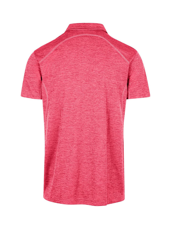 A red polyester polo shirt with a collar, featuring a back design and a logo. A red polyester polo shirt with a collar, featuring a back design and a logo.