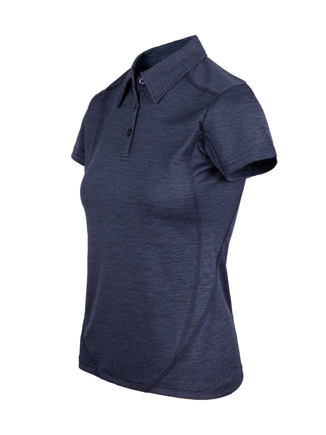 A women's navy polo shirt made of 100% polyester with a collared neckline and short sleeves. It features a logo.
