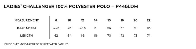 A table displaying size measurements for a women's Challenger 100% polyester polo shirt, including half chest and length. A table displaying size measurements for a women's Challenger 100% polyester polo shirt, including half chest and length.