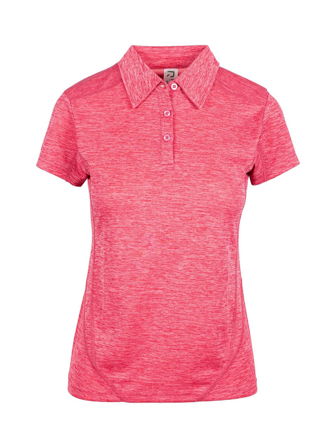A pink women's polo shirt made of 100% polyester, featuring a collar and button placket, with a subtle texture.